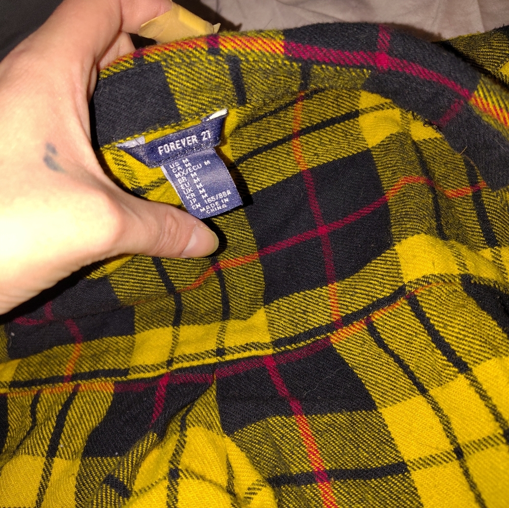 Forever 21 Yellow Plaid Shirt And Red Camo Skirt